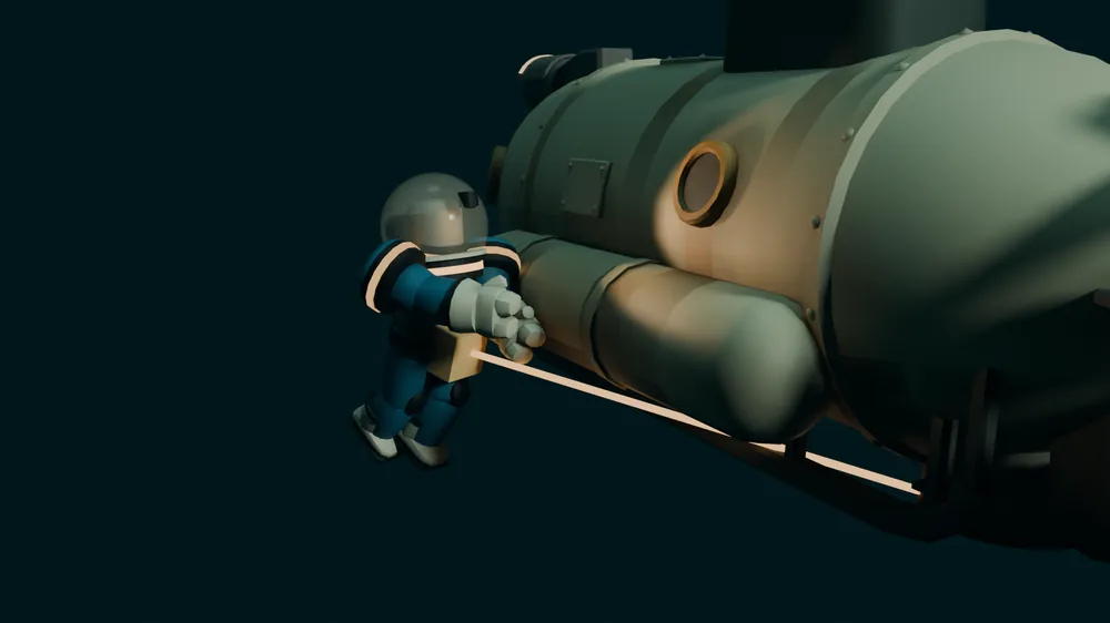 A diver holding on to a submarine's hull in dark teal water